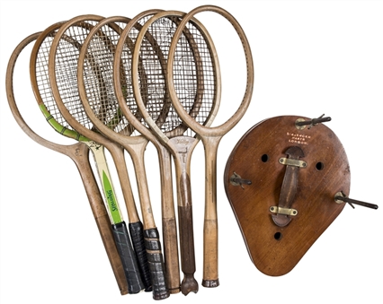 Lot of (8) Vintage Tennis Press With (7) Wooden Raquets From Dick Enberg Collection (Letter of Provenance)